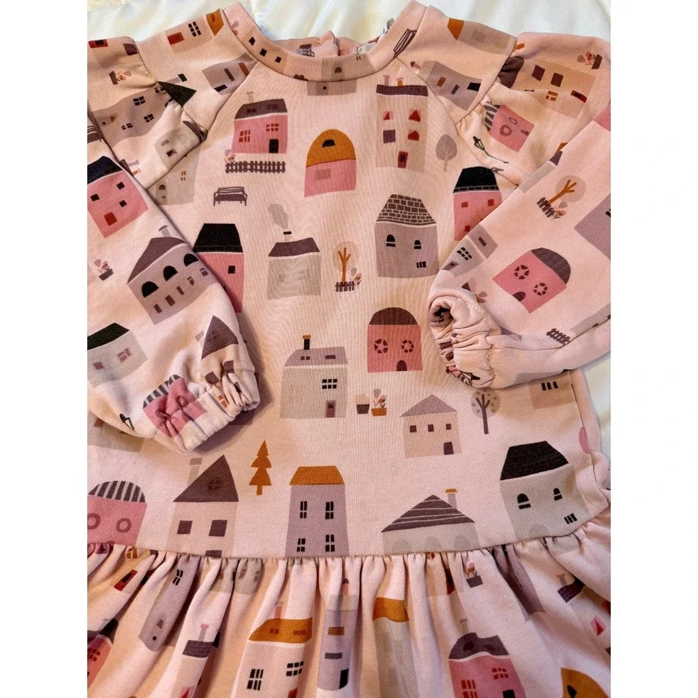 DEUX‎ PAR DEUX GIRLS FRENCH TERRY PINK CORAL HOUSES LONG SLEEVE DRESS 5